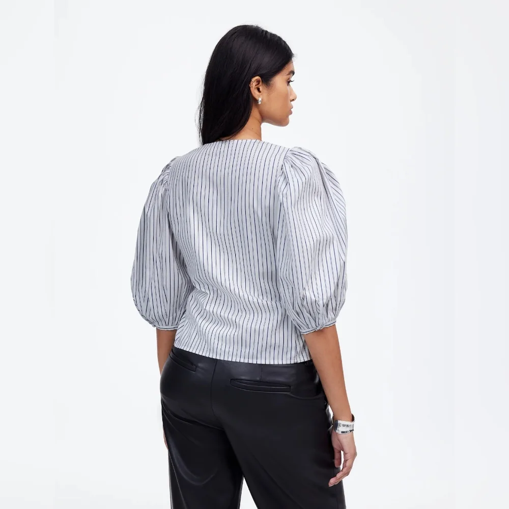 Madewell Puff Sleeve Cotton Button-Up Blouse Top Blue White Stripe Size 6